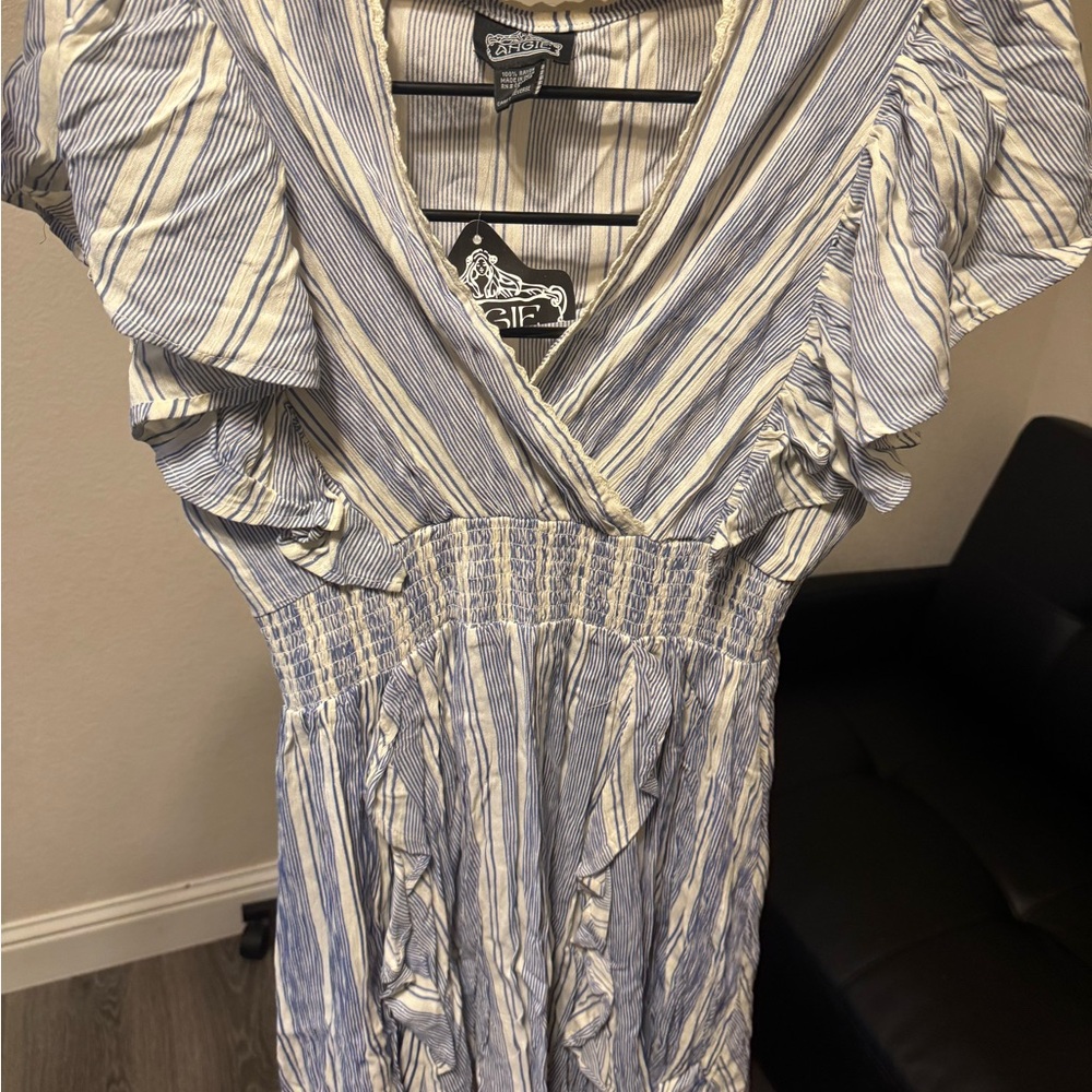 Angie Blue and White Striped Midi Dress